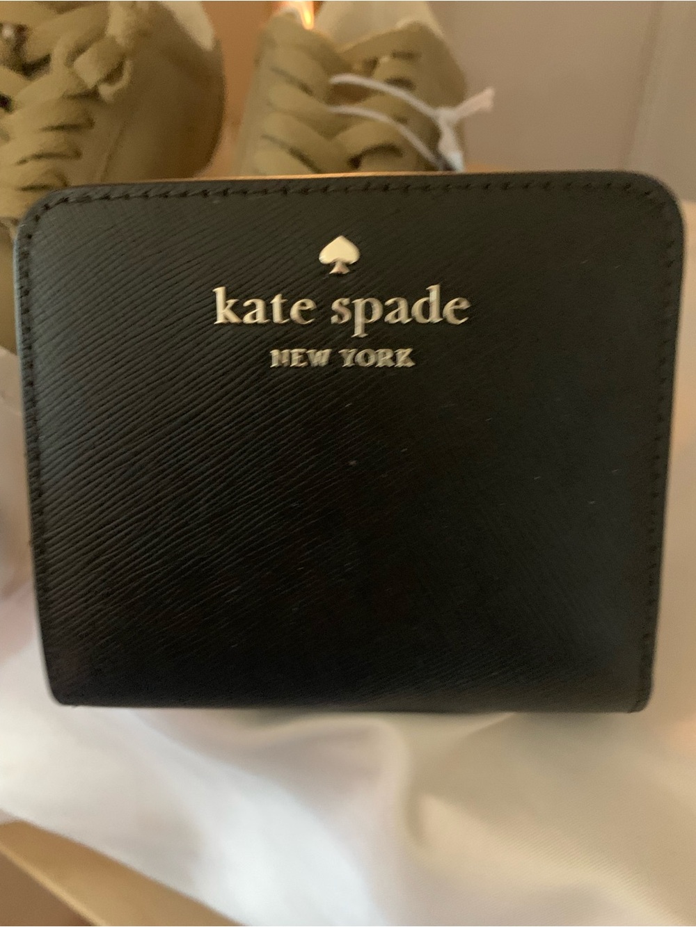 kate spade Black Saffiano Mini Wallet with Gold Logo
